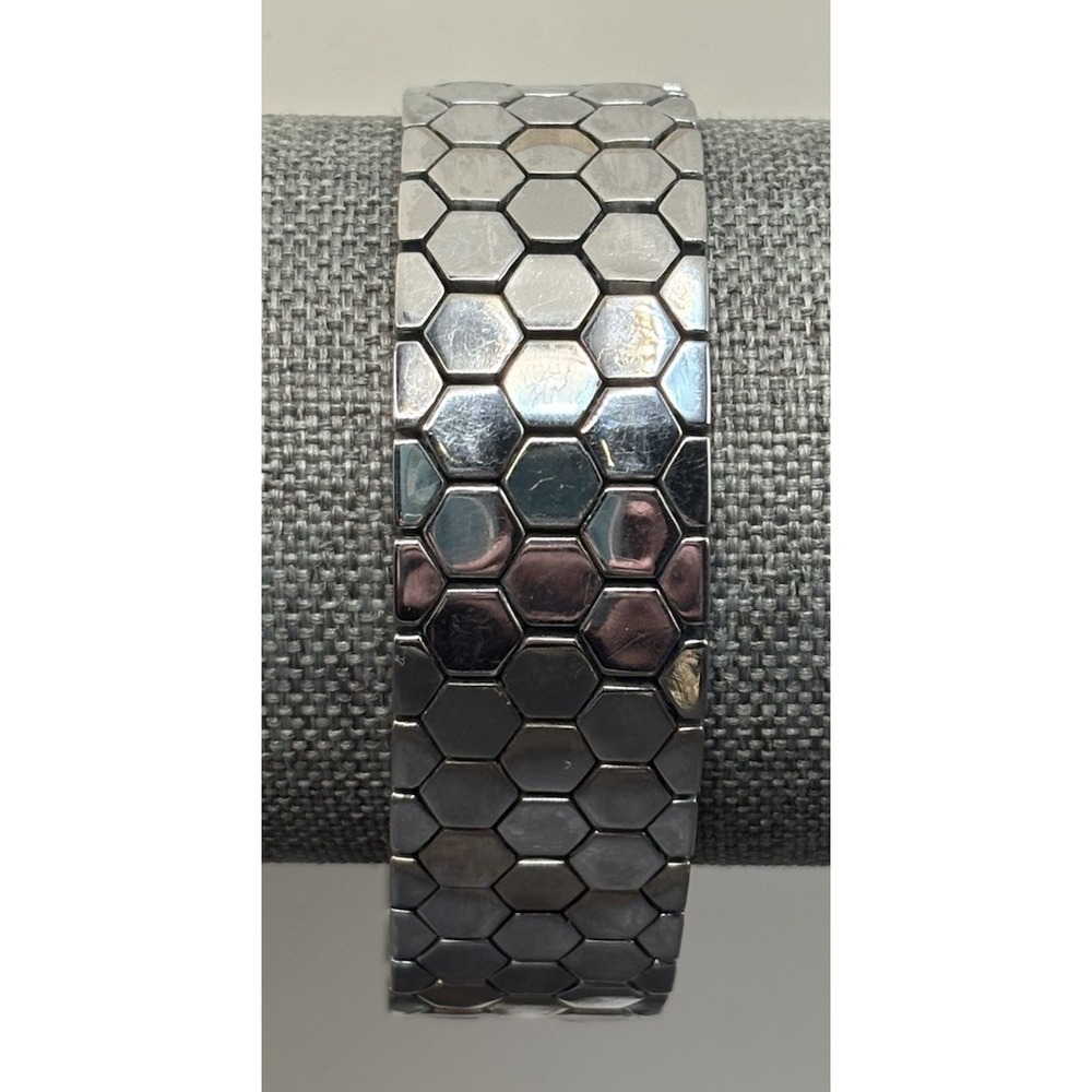Vintage Trifari Hexagon Honeycomb Pattern Wide Bracelet READ Silver Tone